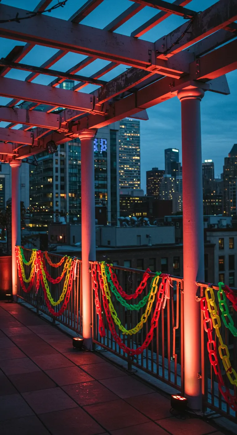 Barandilla de una terraza urbana decorada con grandes cadenas de papel en rojo, amarillo y verde.
