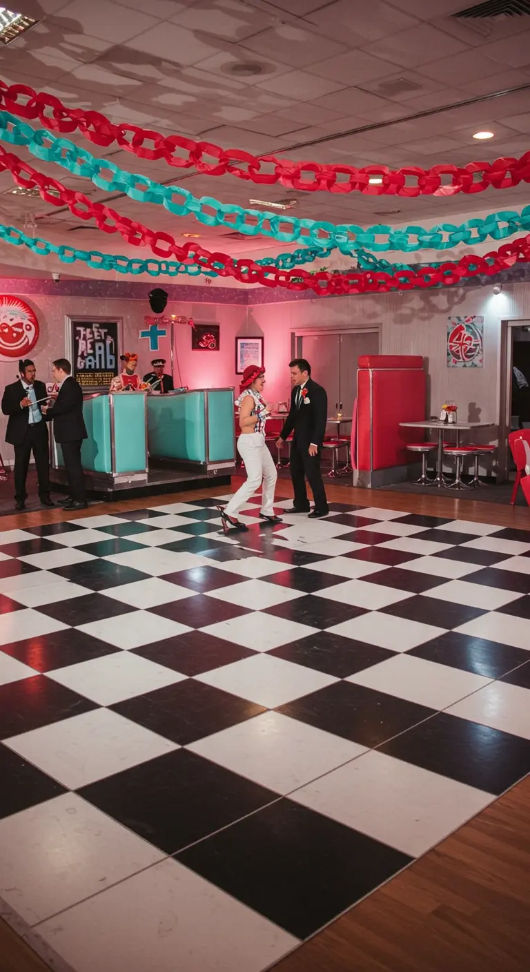 Techo de una cafetería estilo años 50 decorado con cadenas de papel en turquesa y rojo.