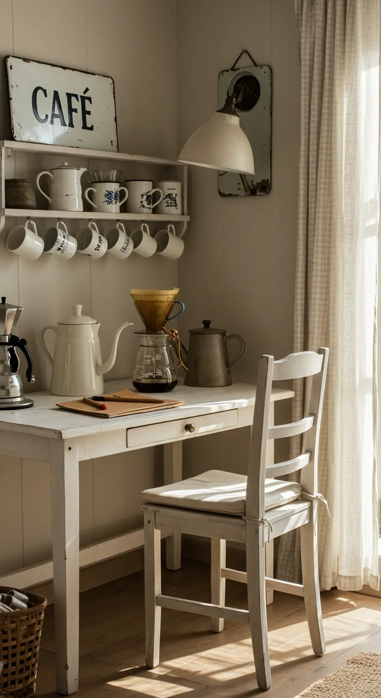 Rincón de café y trabajo de estilo rústico francés con muebles blancos y tazas colgadas.