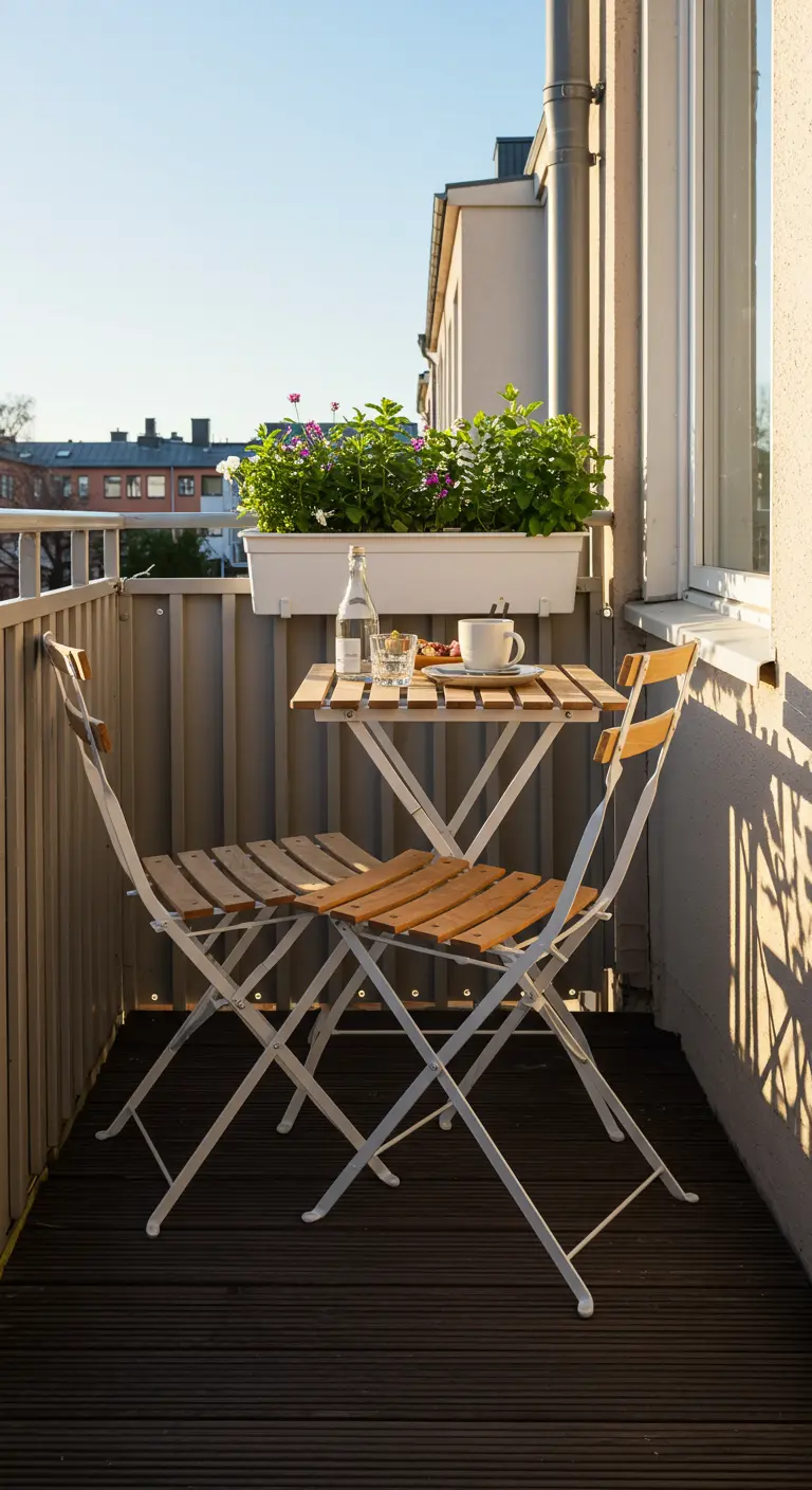 Pequeño balcón con mesa y sillas de madera plegables y una jardinera en la barandilla.