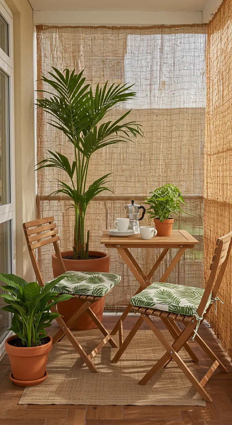 Pequeño balcón con mesa y sillas plegables de madera y plantas tropicales