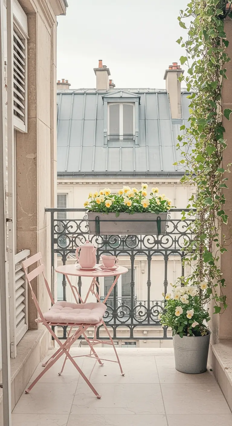 Balcón parisino pequeño con una mesa y silla de bistró rosas y flores en una jardinera.