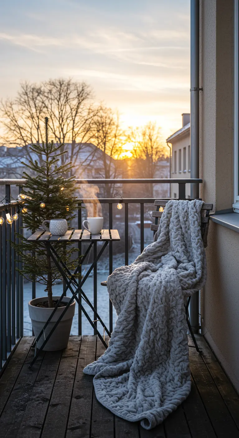 Pequeño balcón con mesa y sillas plegables, una manta gris y un pequeño árbol de Navidad.