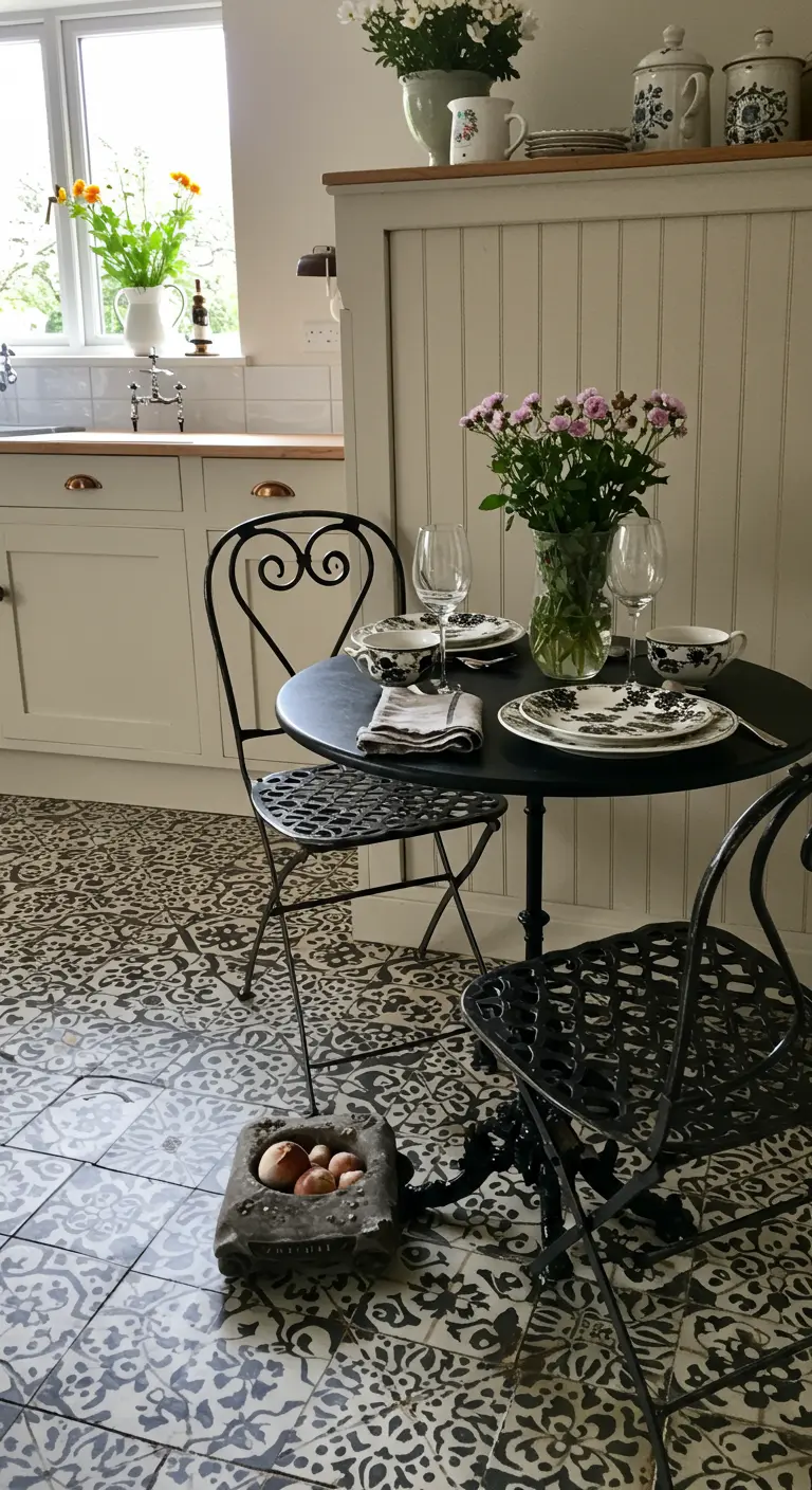 Rincón de cocina con mesa de bistró negra, sillas de forja y un llamativo suelo de baldosas.