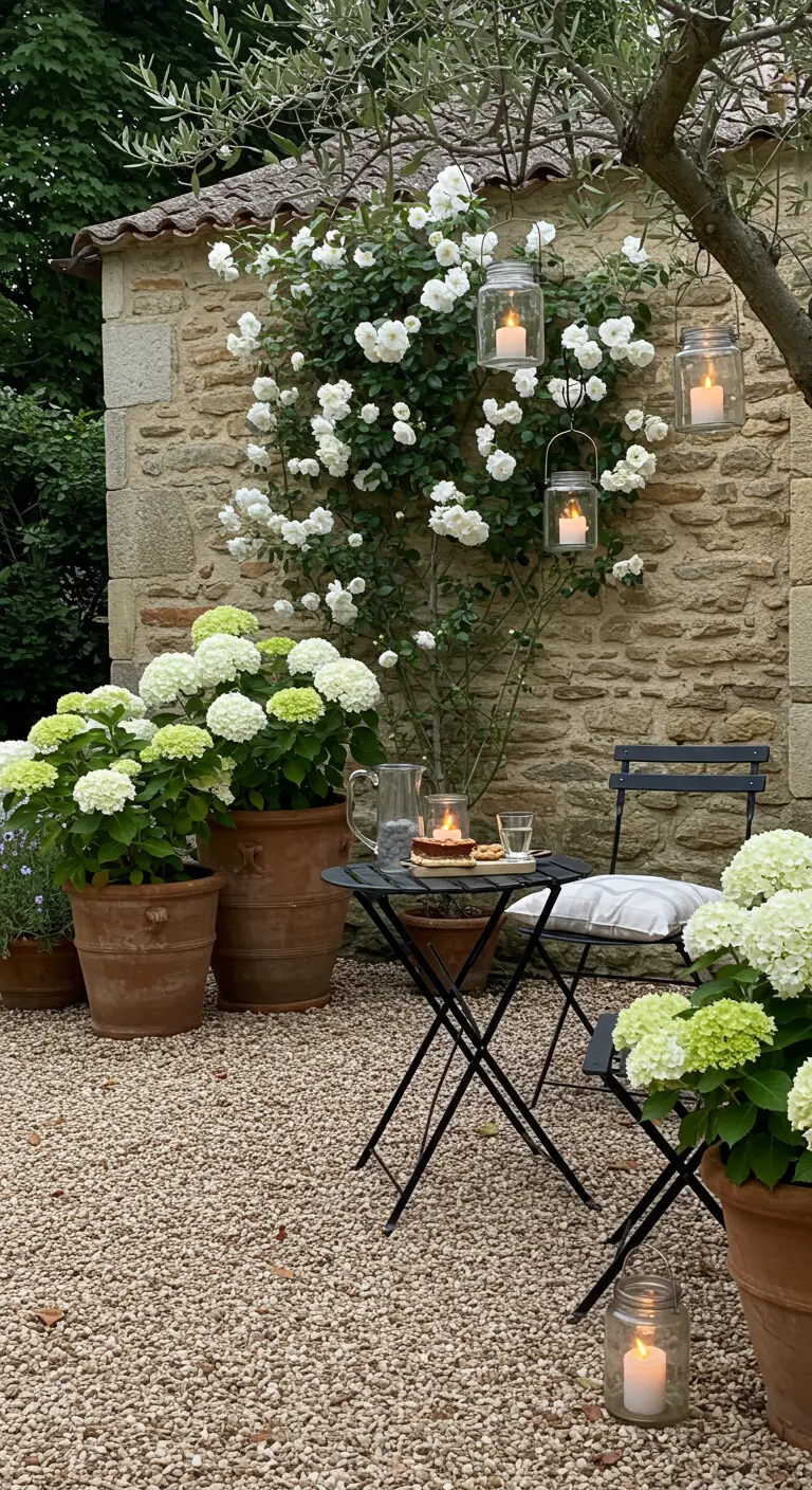 Pequeño rincón con una mesa de bistró, un rosal blanco trepador y velas colgando en tarros.