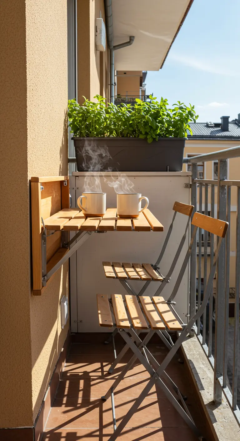 Mesa plegable de madera y dos sillas en un balcón soleado.