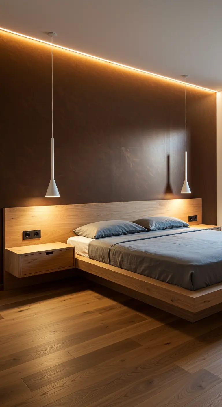 Dormitorio moderno con cabecero de madera integrado, pared marrón e iluminación LED.