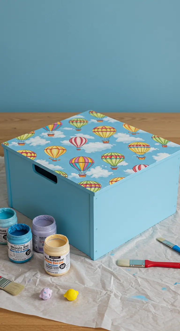 Caja de madera para juguetes pintada de azul claro con la tapa decorada con un papel de globos aerostáticos de colores.
