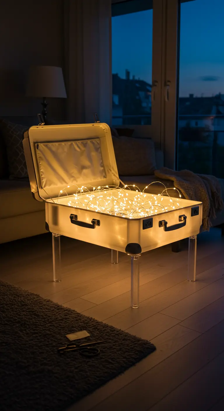 Maleta blanca translúcida con patas de acrílico, llena de guirnaldas de luces encendidas.
