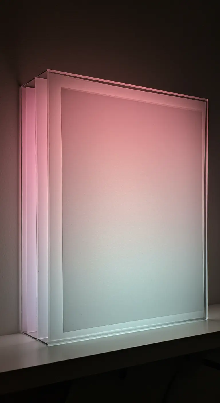 Caja de luz cuadrada hecha con láminas de acrílico, iluminada con un degradado de rosa a verde menta.