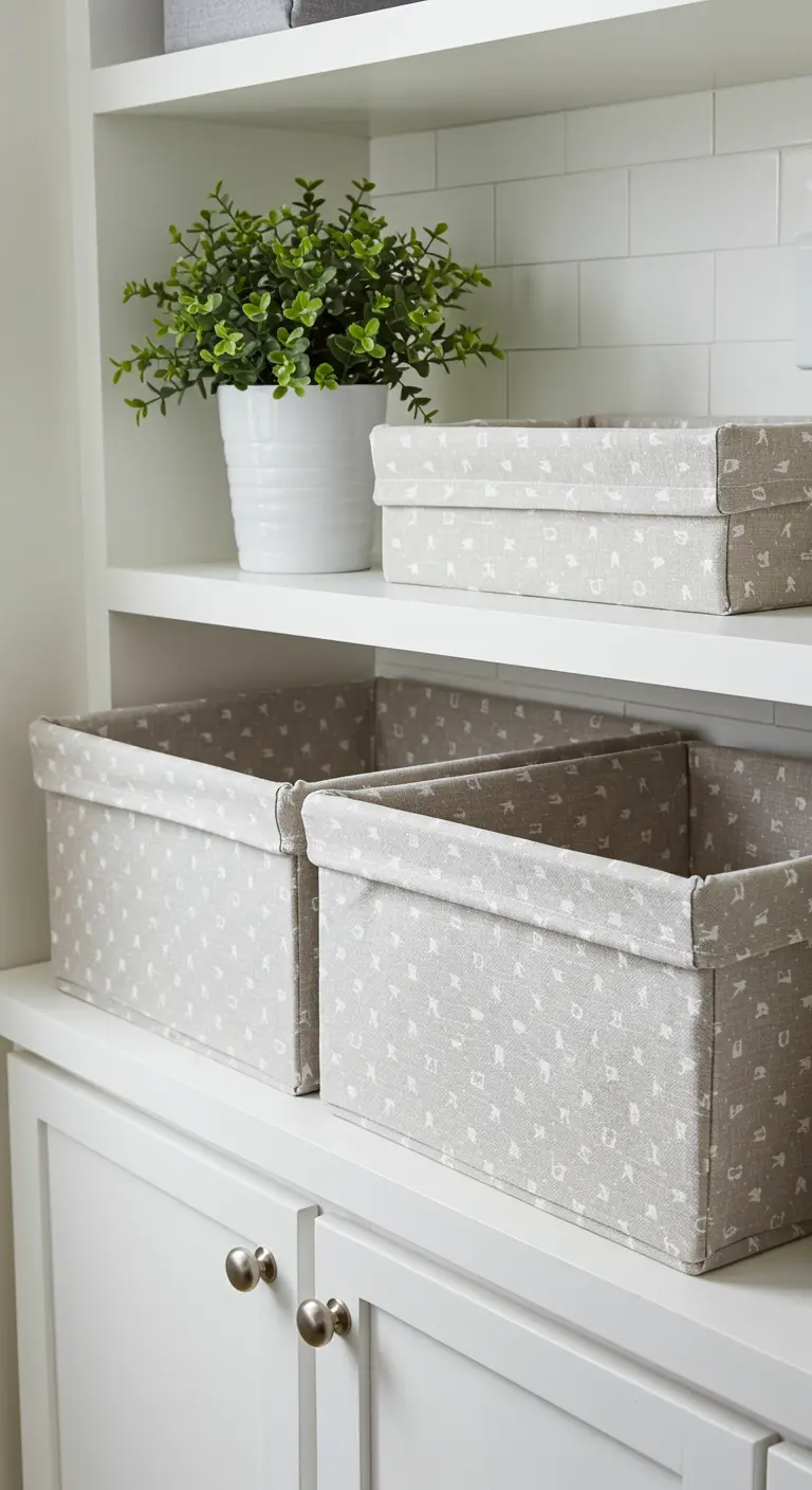 Cajas de almacenaje de madera forradas con tela de lino gris con un patrón discreto.
