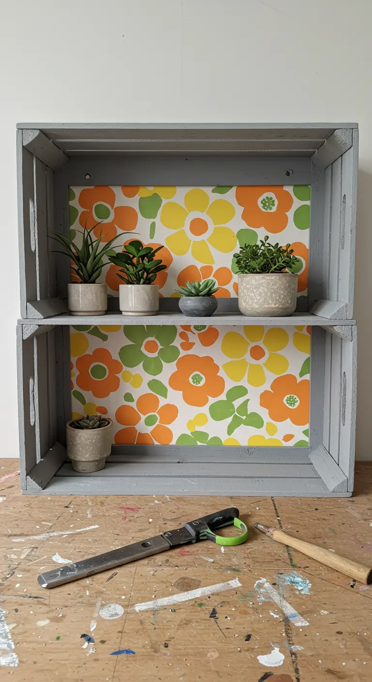 Dos cajas de fruta de madera pintadas de gris y apiladas, con el fondo forrado en un papel tapiz retro con flores naranjas y amarillas.