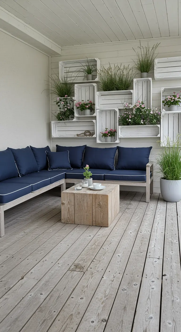 Porche con sofá azul y una pared decorada con cajas de madera blancas como estanterías para plantas.