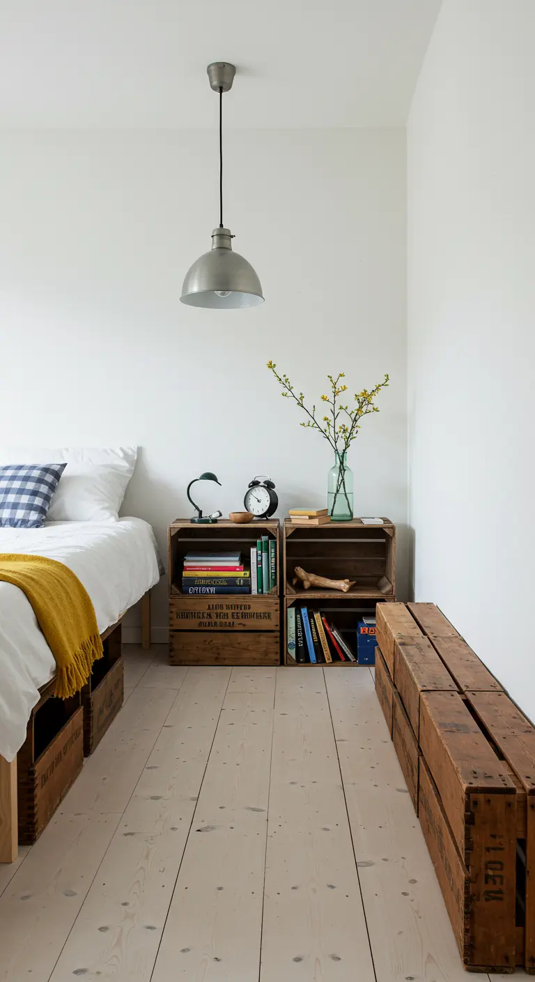 Dormitorio luminoso con cajas de fruta de madera usadas como mesitas de noche y banco.