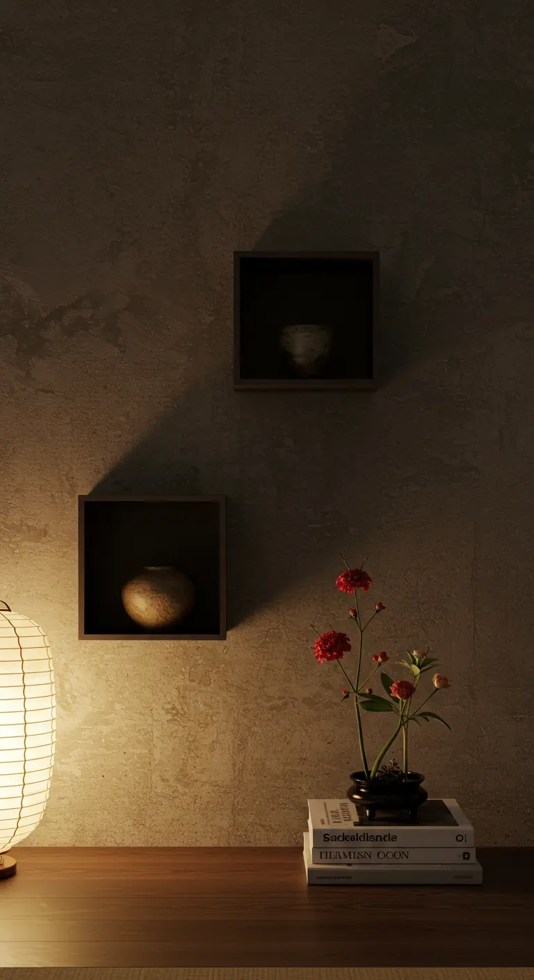 Dos repisas en forma de cubo sobre una pared texturizada, iluminadas por una lámpara de papel.