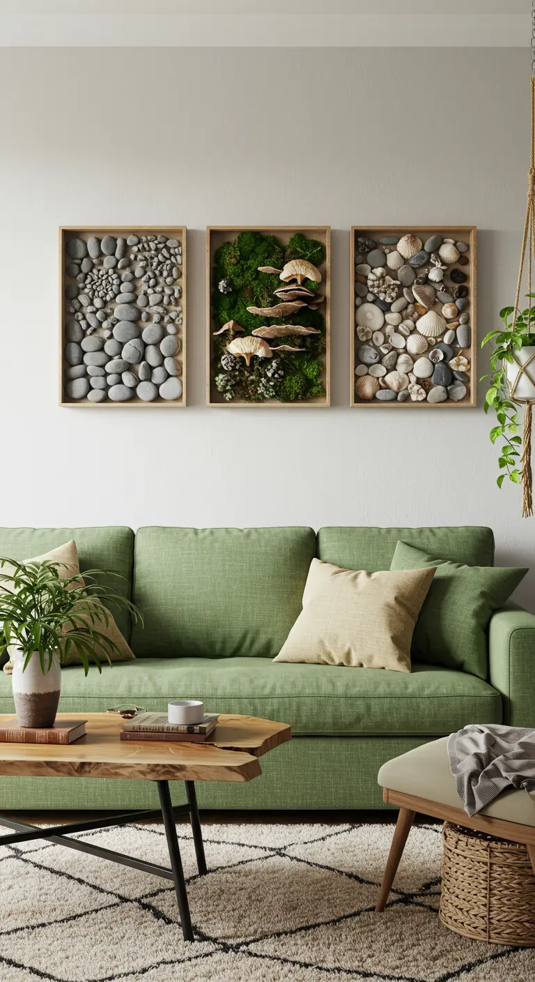 Tríptico de cajas de sombra de madera rellenas de piedras, musgo y conchas sobre un sofá verde.