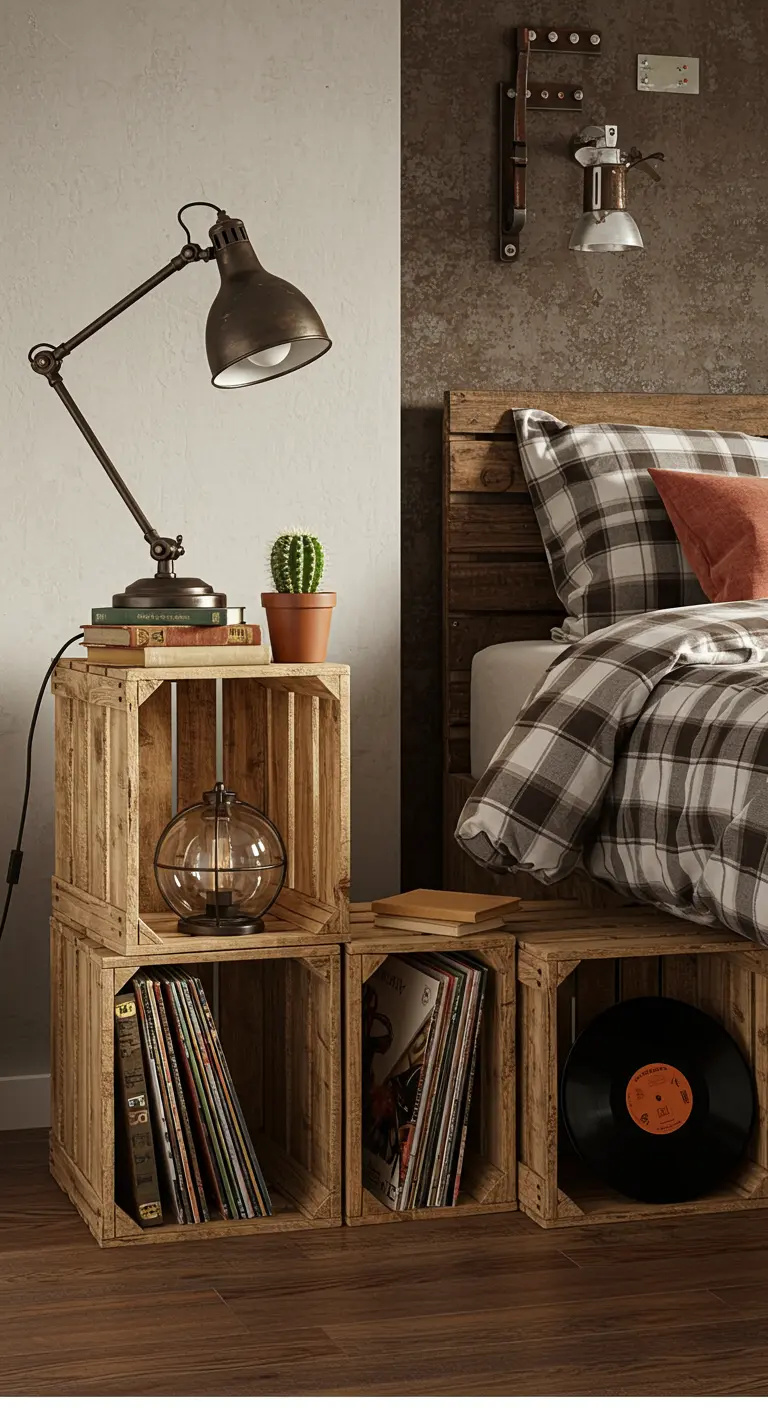 Cajas de madera apiladas junto a una cama, funcionando como estantería para libros y discos de vinilo.