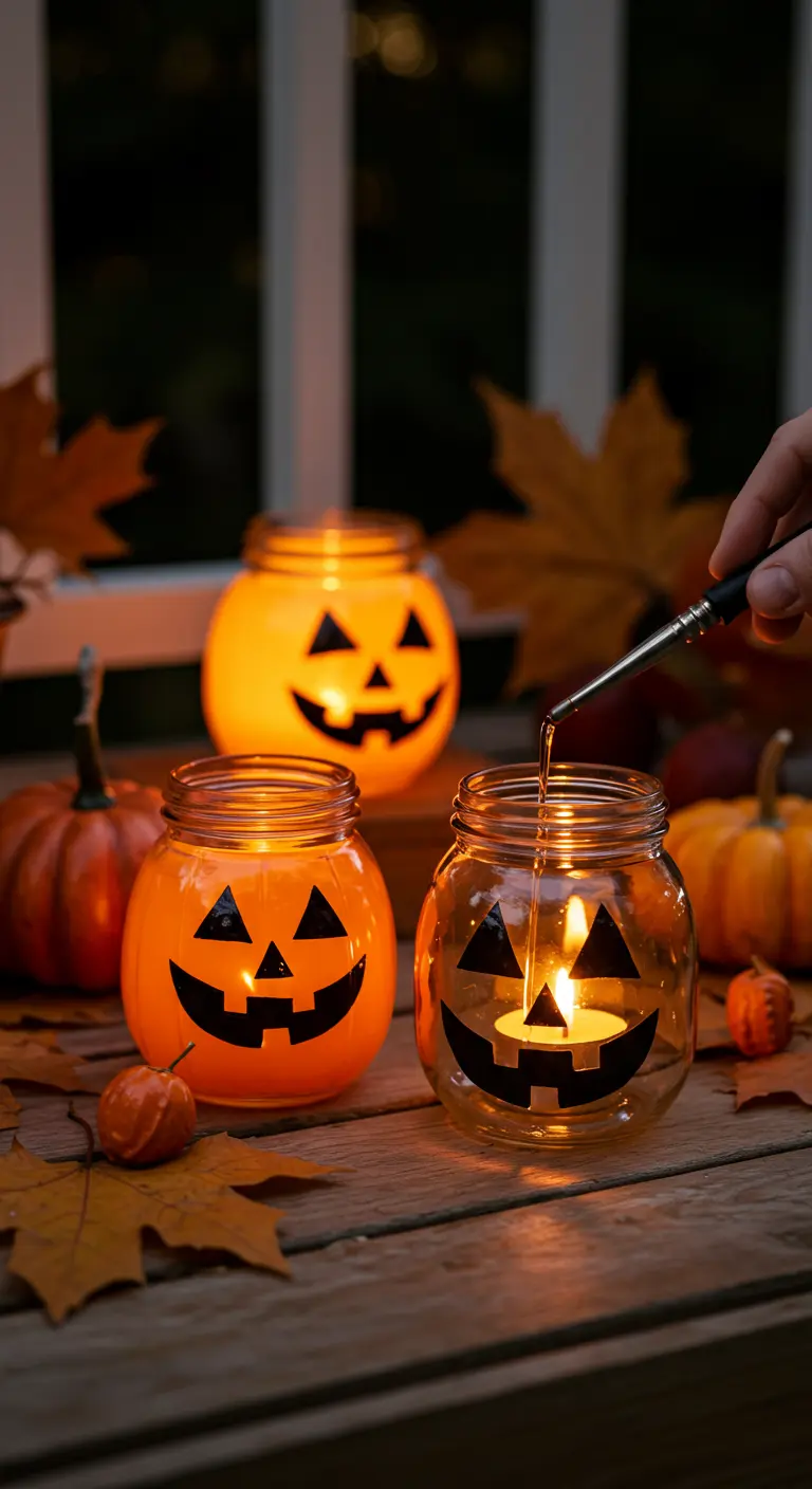 Frascos de vidrio pintados como calabazas de Halloween con velas en su interior para una luz cálida.