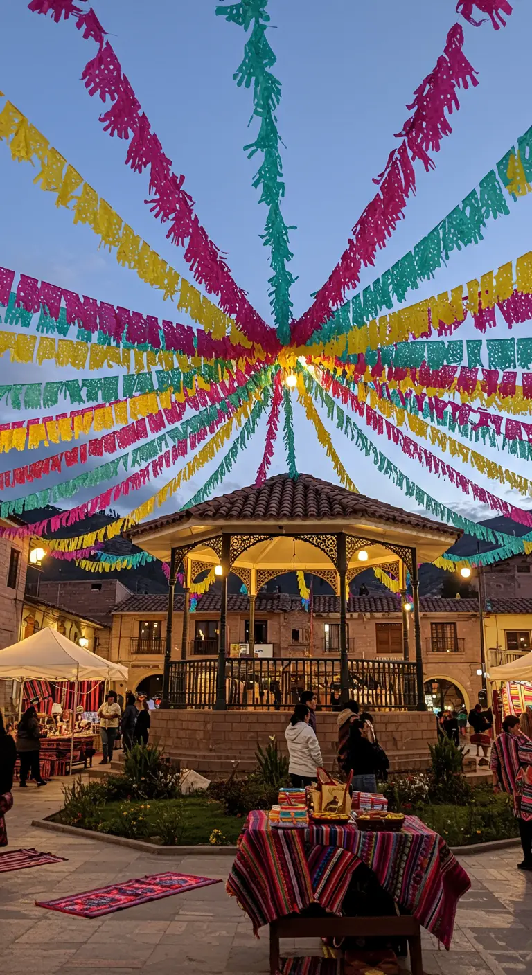 Plaza central con un quiosco y guirnaldas de colores radiando desde el centro.
