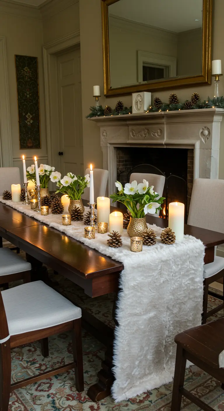 Mesa de comedor de madera frente a una chimenea, con un camino de pelo blanco, velas y piñas.