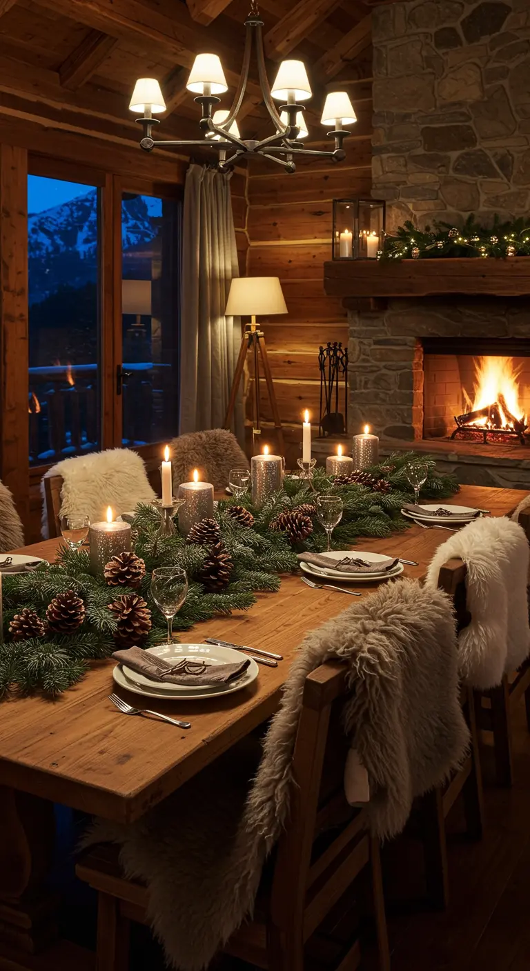 Mesa de comedor rústica de madera con una guirnalda de pino, piñas y velas encendidas.