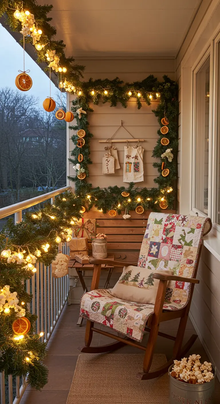 Balcón rústico con guirnalda de naranjas secas, mecedora con quilt y adornos artesanales.