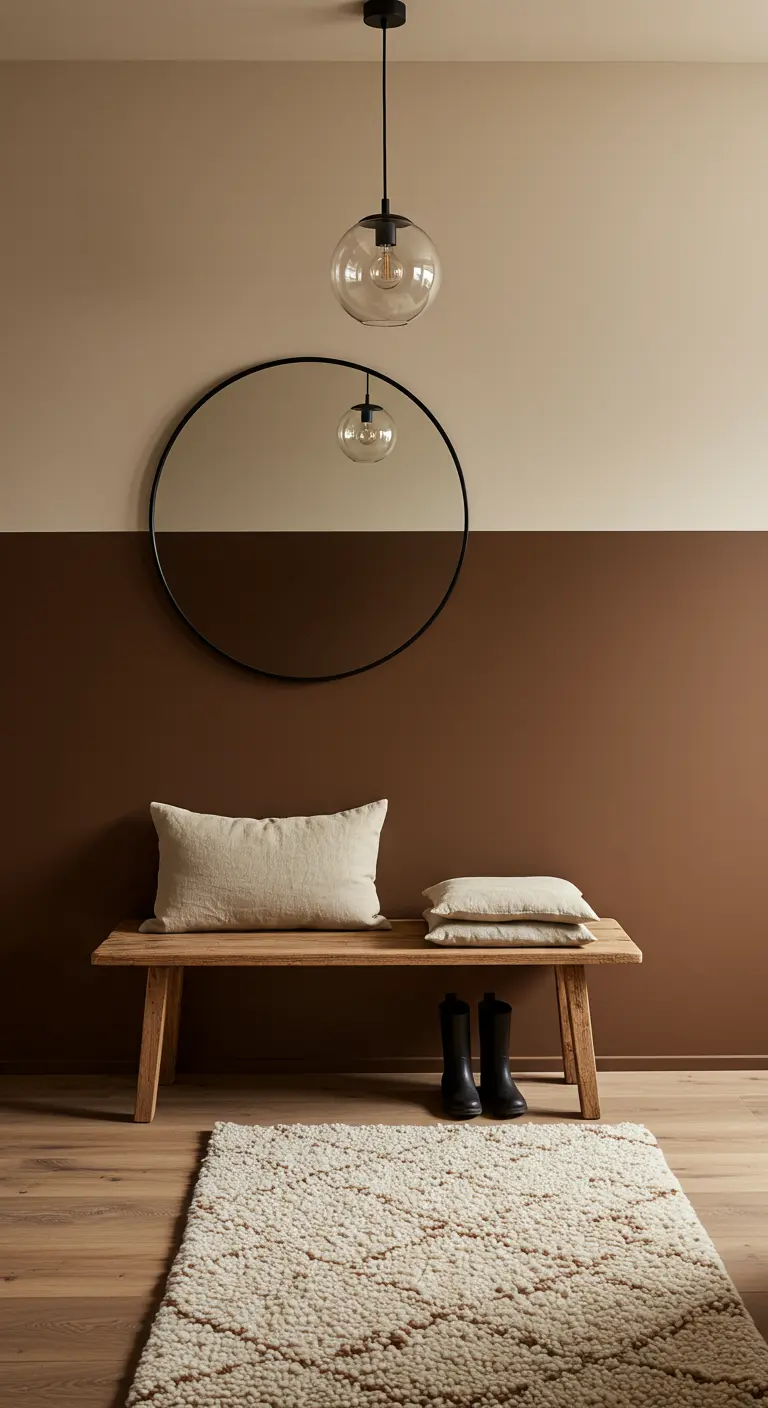 Recibidor con pared bicolor en marrón y beige, con banco de madera y espejo redondo.