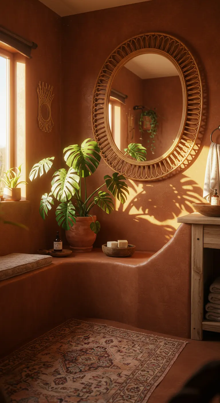 Baño bohemio en tonos terracota con espejo ovalado de ratán y una planta grande.