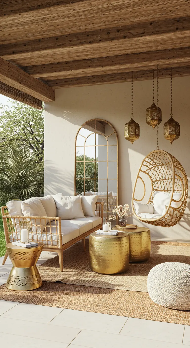 Porche de estilo bohemio con sofá de ratán, mesas doradas y un espejo en forma de arco.