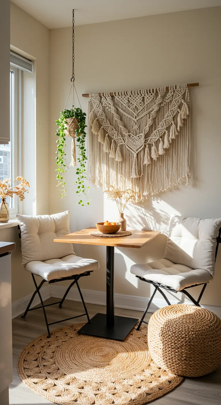 Rincón de desayuno bohemio con un tapiz de macramé grande en la pared.