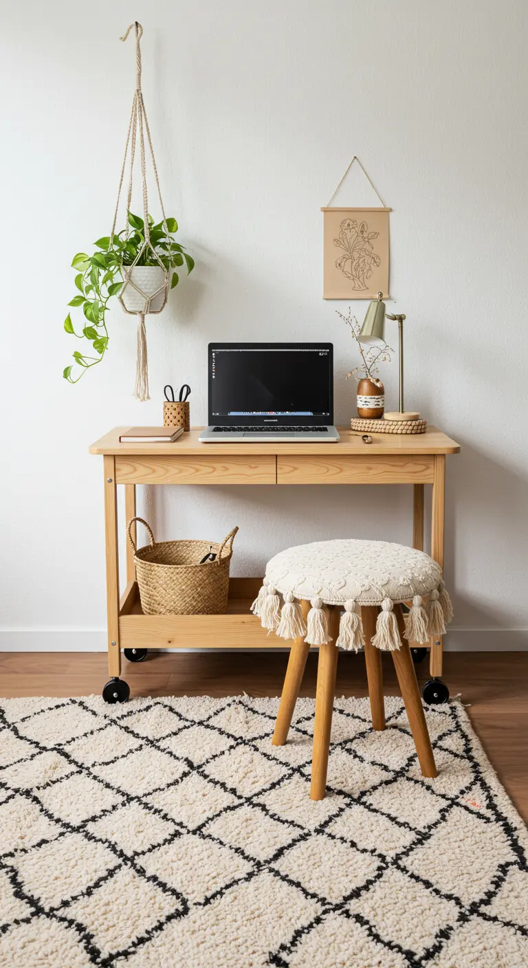 Escritorio móvil de madera clara con decoración boho: cesta de mimbre, planta colgante y taburete de crochet