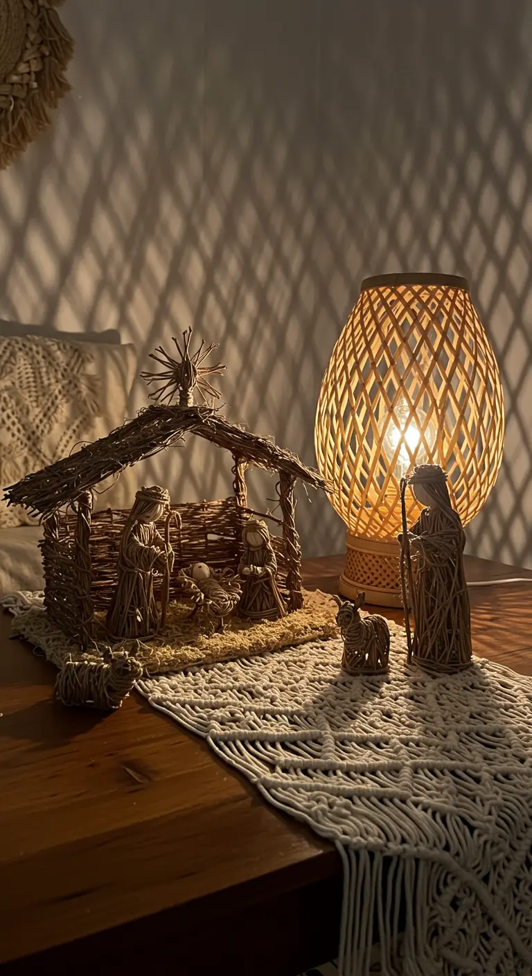 Belen hecho de fibras naturales sobre una mesa de madera con un tapete de macramé.