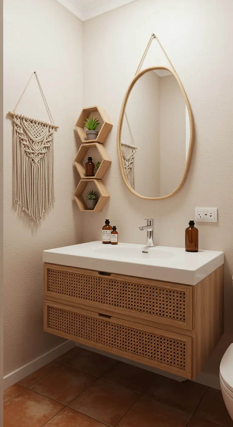 Baño de estilo boho con mueble flotante de madera y ratán, y estantes hexagonales.