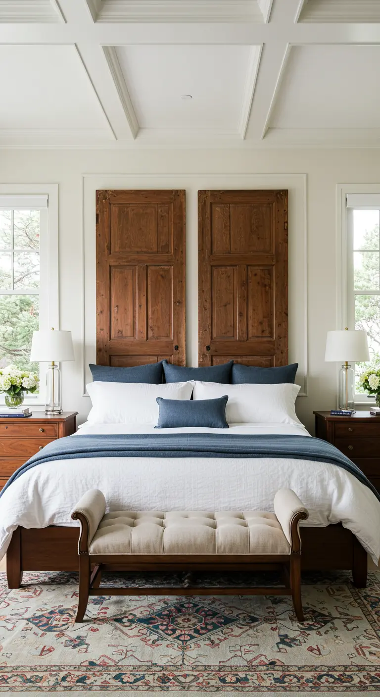 Cabecero de cama de estilo clásico hecho con dos puertas altas de madera oscura enmarcadas.