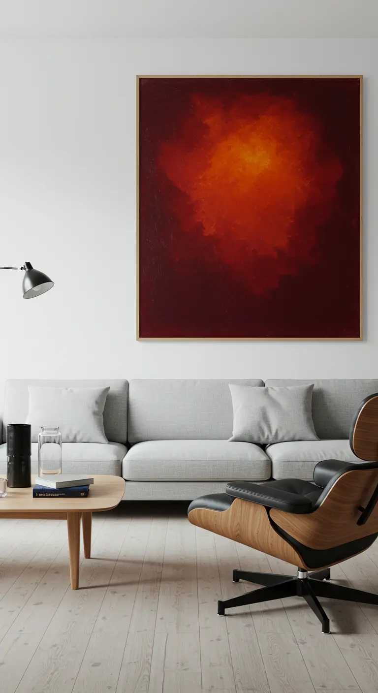 Sala minimalista con sofá gris claro y un cuadro abstracto en tonos rojos y naranjas.