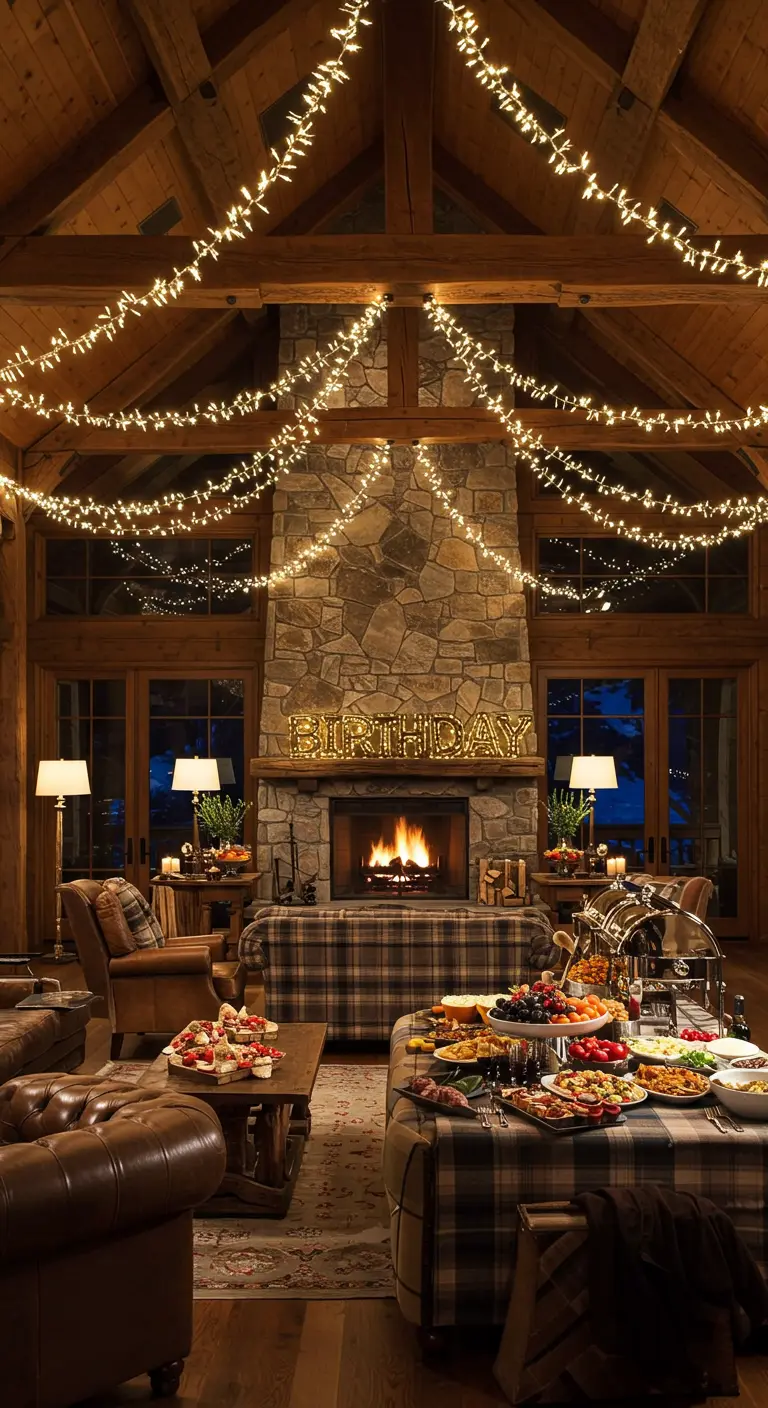 Salón de una cabaña de madera con chimenea de piedra y luces cálidas colgando del techo.