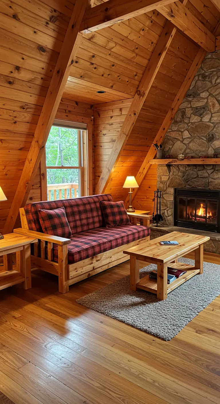 Sofá cama de madera con tapicería de cuadros rojos y negros en una cabaña con chimenea.