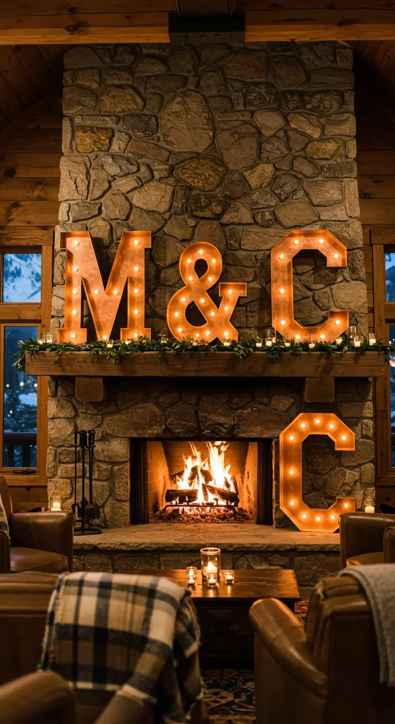 Iniciales luminosas 'M & C' sobre la repisa de una gran chimenea de piedra en una cabaña.