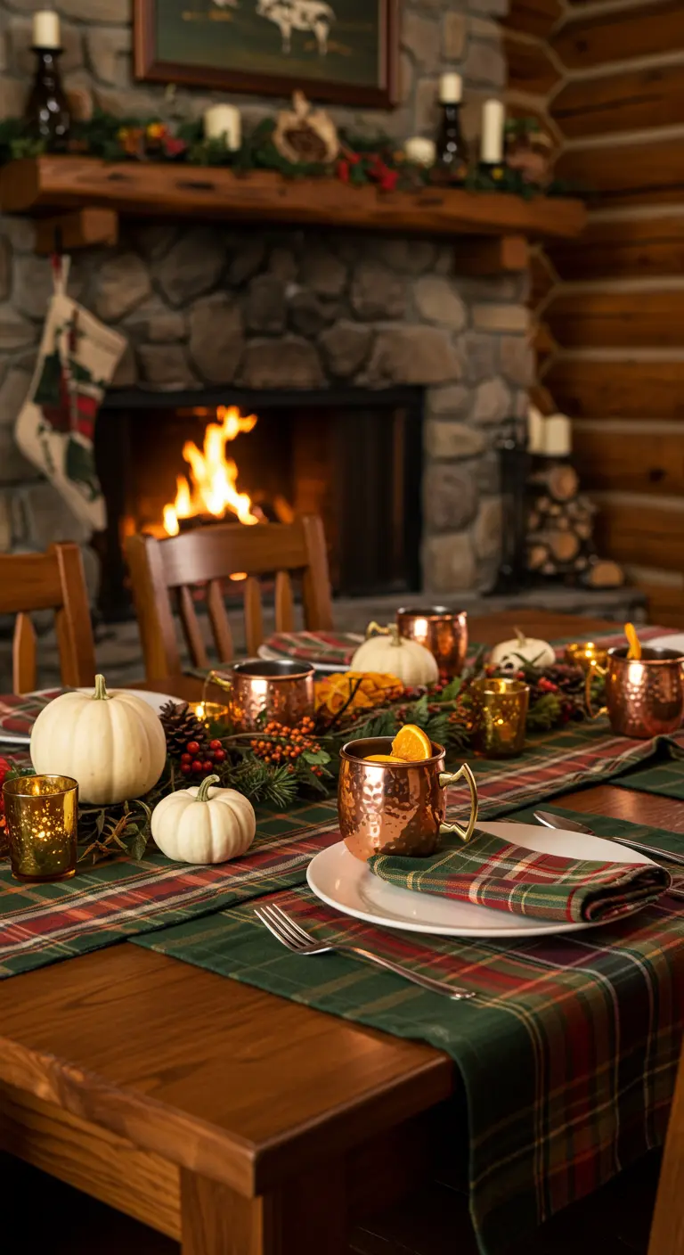 Mesa de madera rústica frente a una chimenea, decorada con un camino de tartán y tazas de cobre.