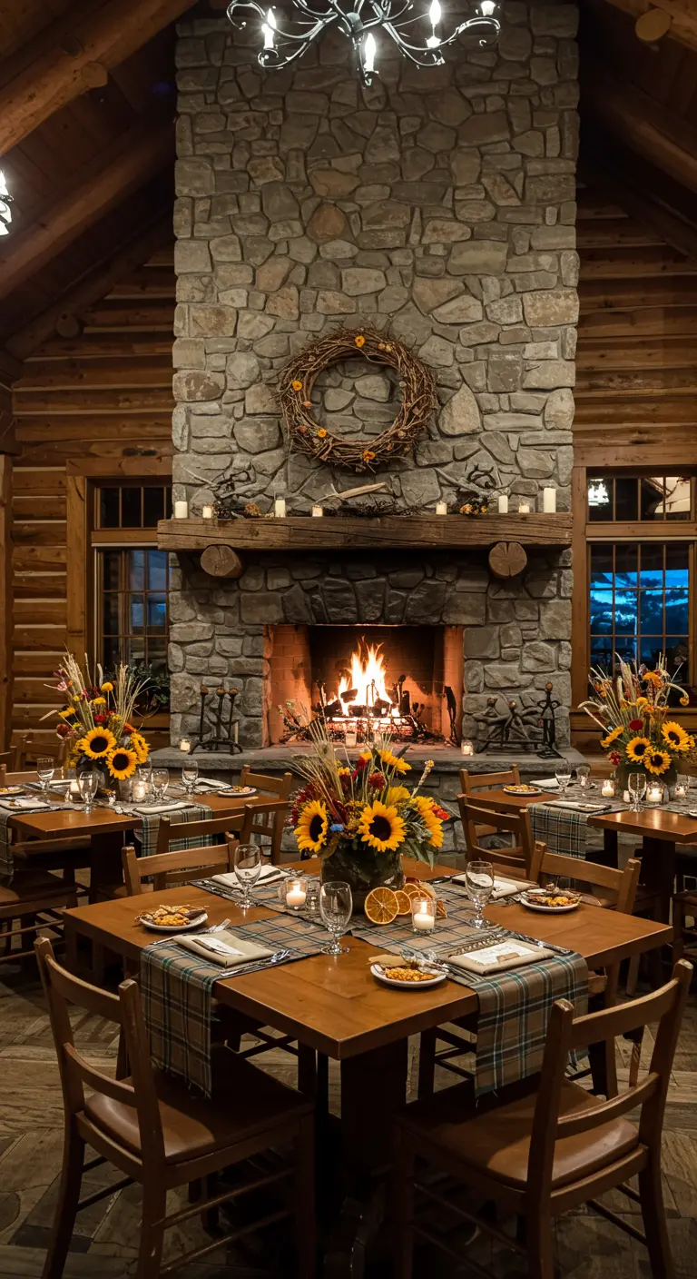 Comedor rústico con chimenea de piedra y mesas con girasoles y manteles a cuadros.