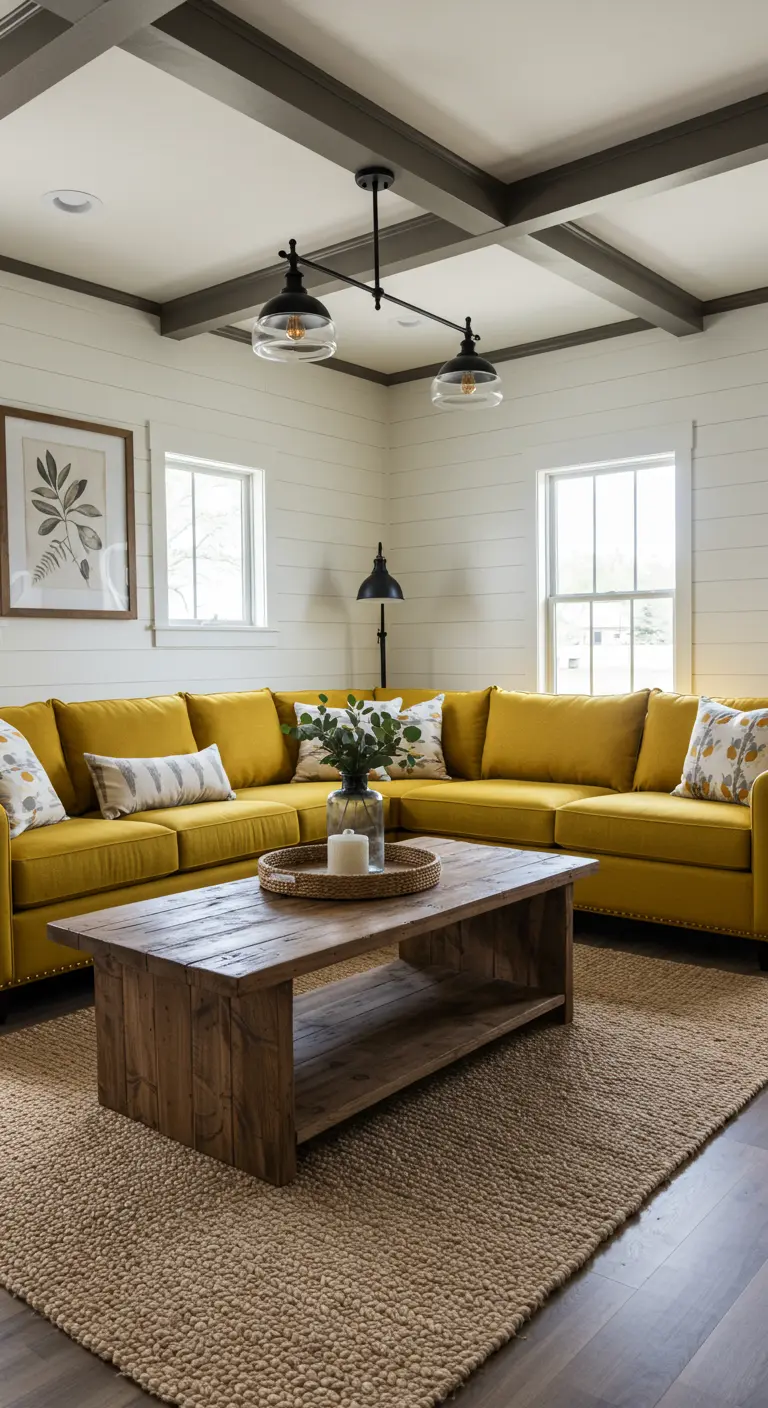 Gran sofá seccional mostaza en una sala de estar estilo farmhouse moderno con vigas en el techo.