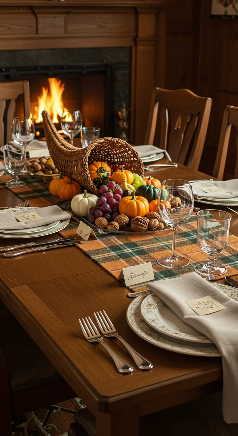 Mesa de comedor con chimenea, centro de mesa de cornucopia y camino de cuadros.