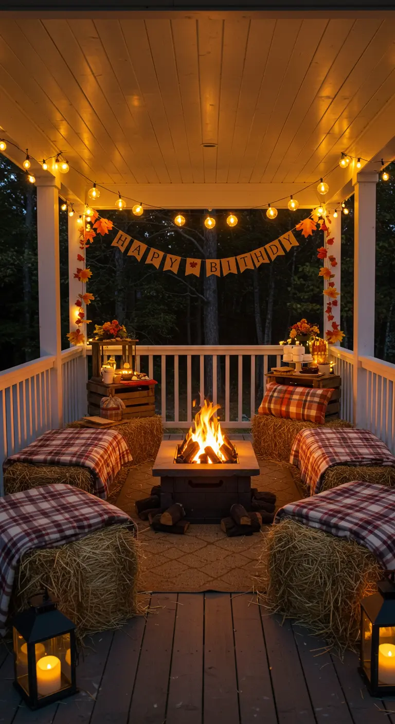 Porche acogedor para un cumpleaños de otoño con fardos de heno, mantas y una fogata.