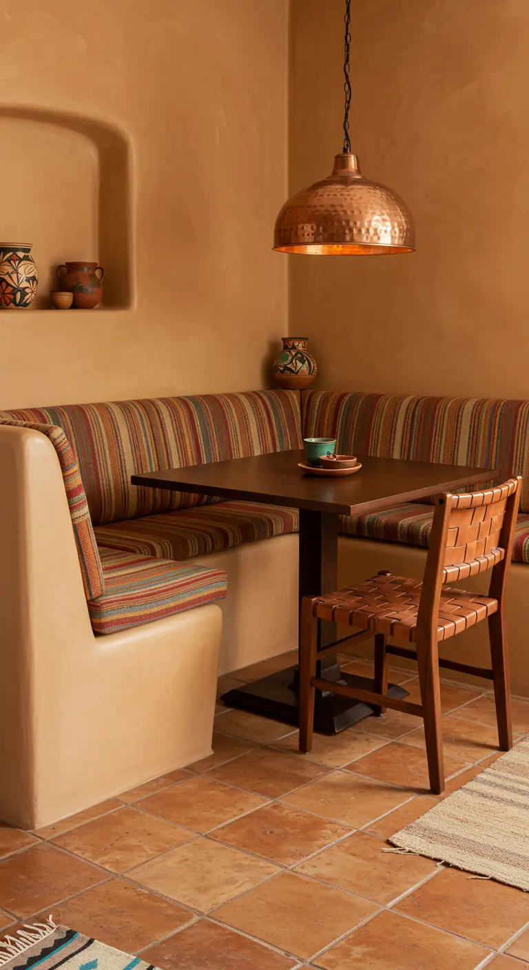 Comedor de estilo suroeste con banco de obra en tonos terracota y cojines a rayas.