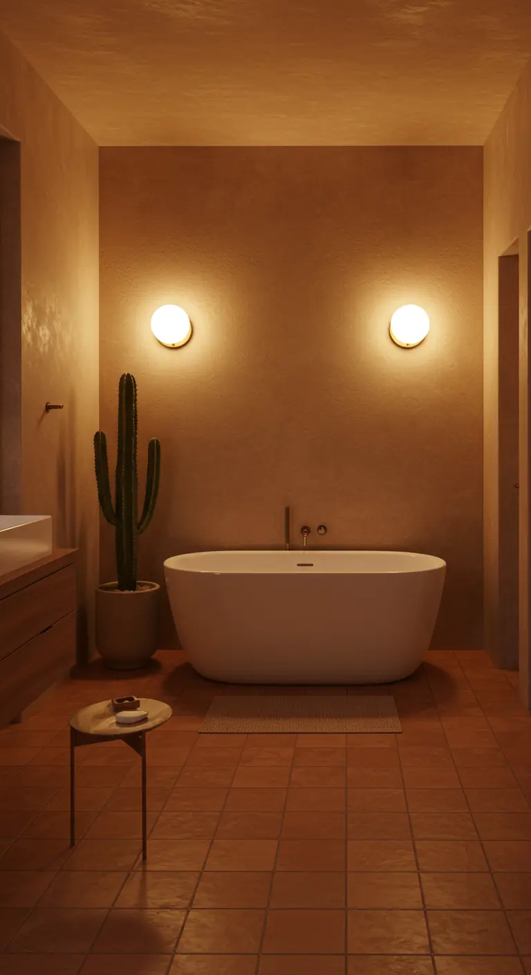 Baño minimalista con paredes terracota, una bañera exenta y dos apliques redondos de luz cálida.