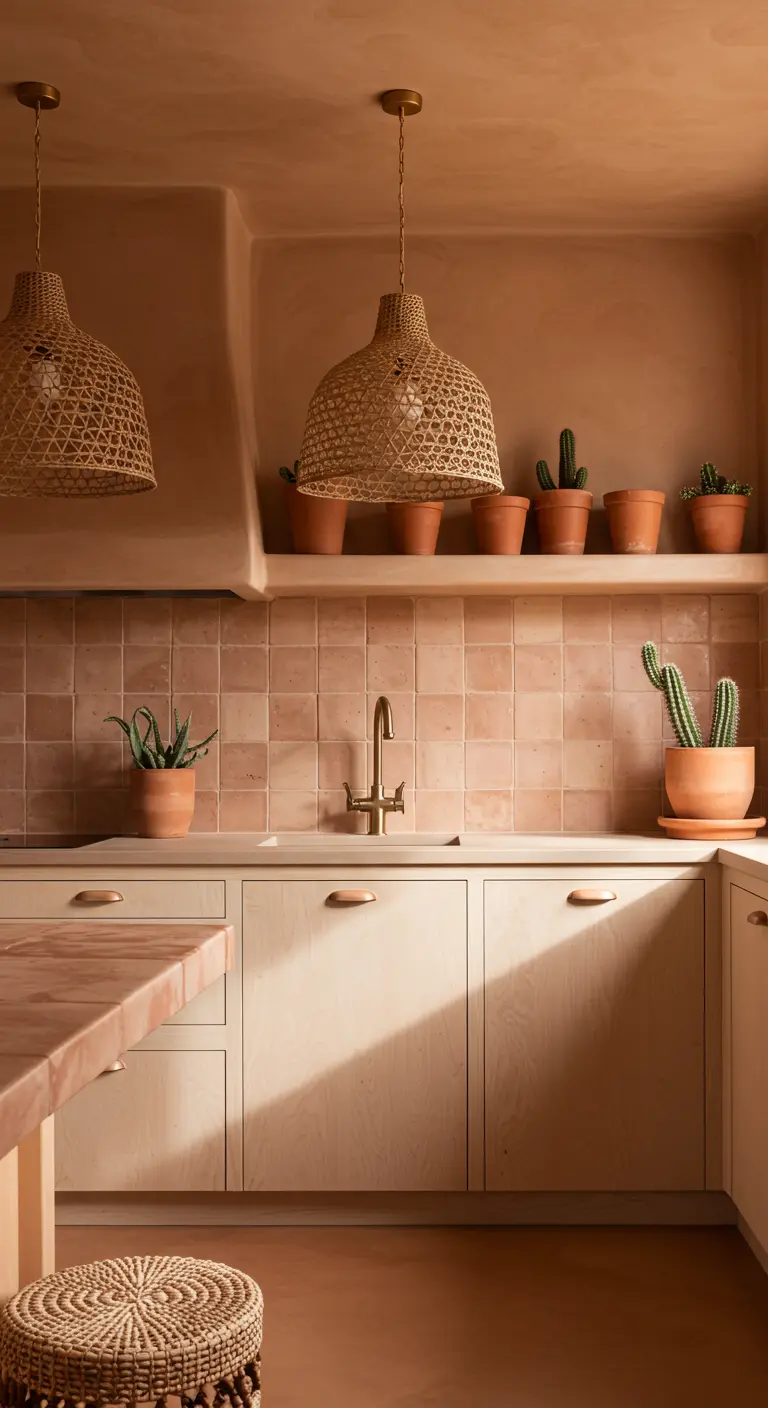 Cocina de estilo desértico con paredes y azulejos en tonos terracota rosado y lámparas de mimbre.