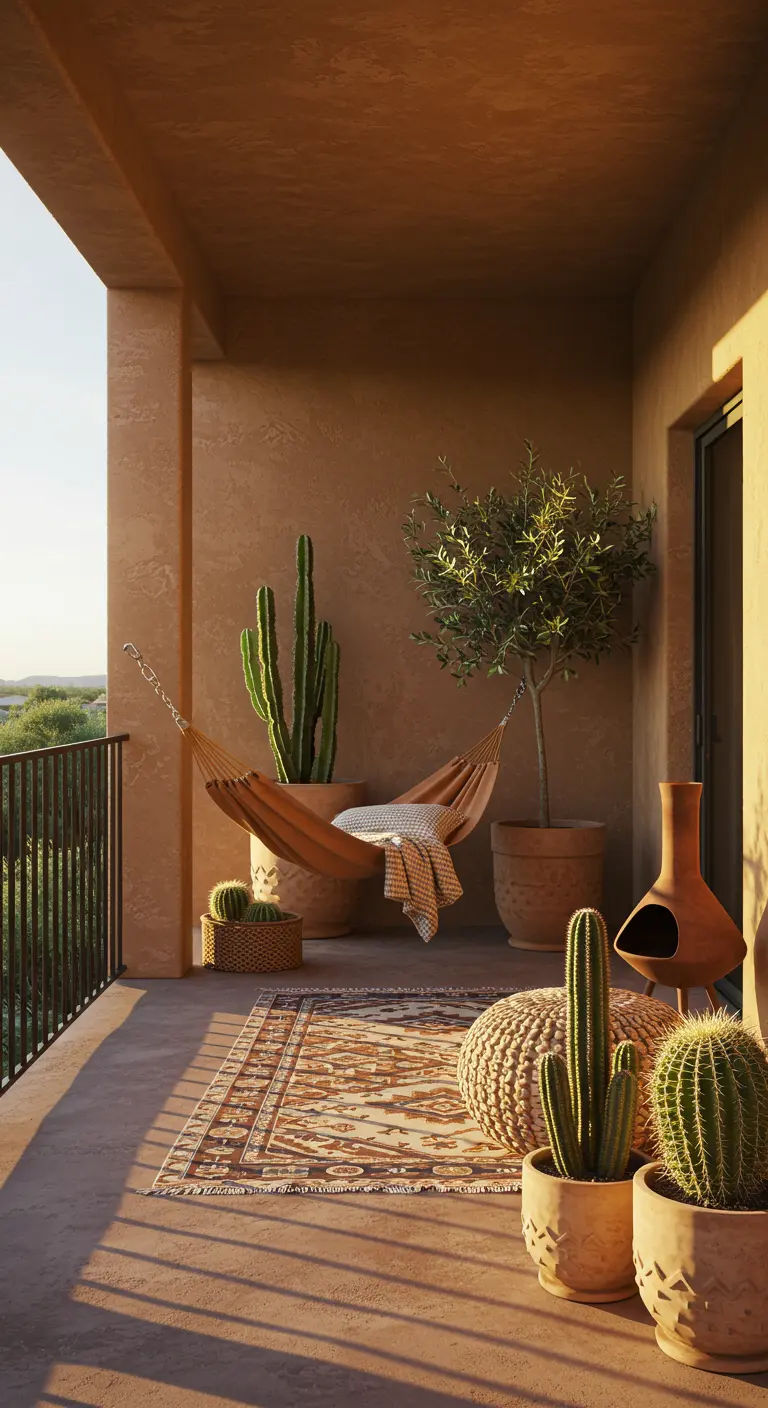 Balcón con paredes y hamaca en tonos terracota, cactus, un olivo y pufs de yute