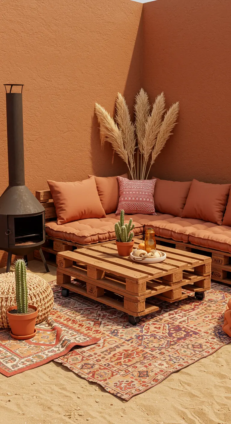 Patio de estilo desértico con muebles de palets de madera natural y cojines terracota.