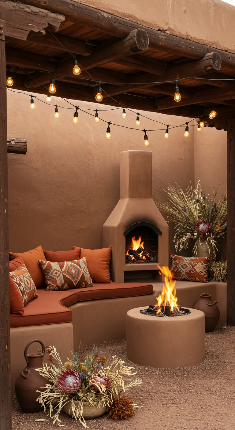Patio de estilo suroeste con paredes de adobe, chimenea, brasero y cojines terracota.
