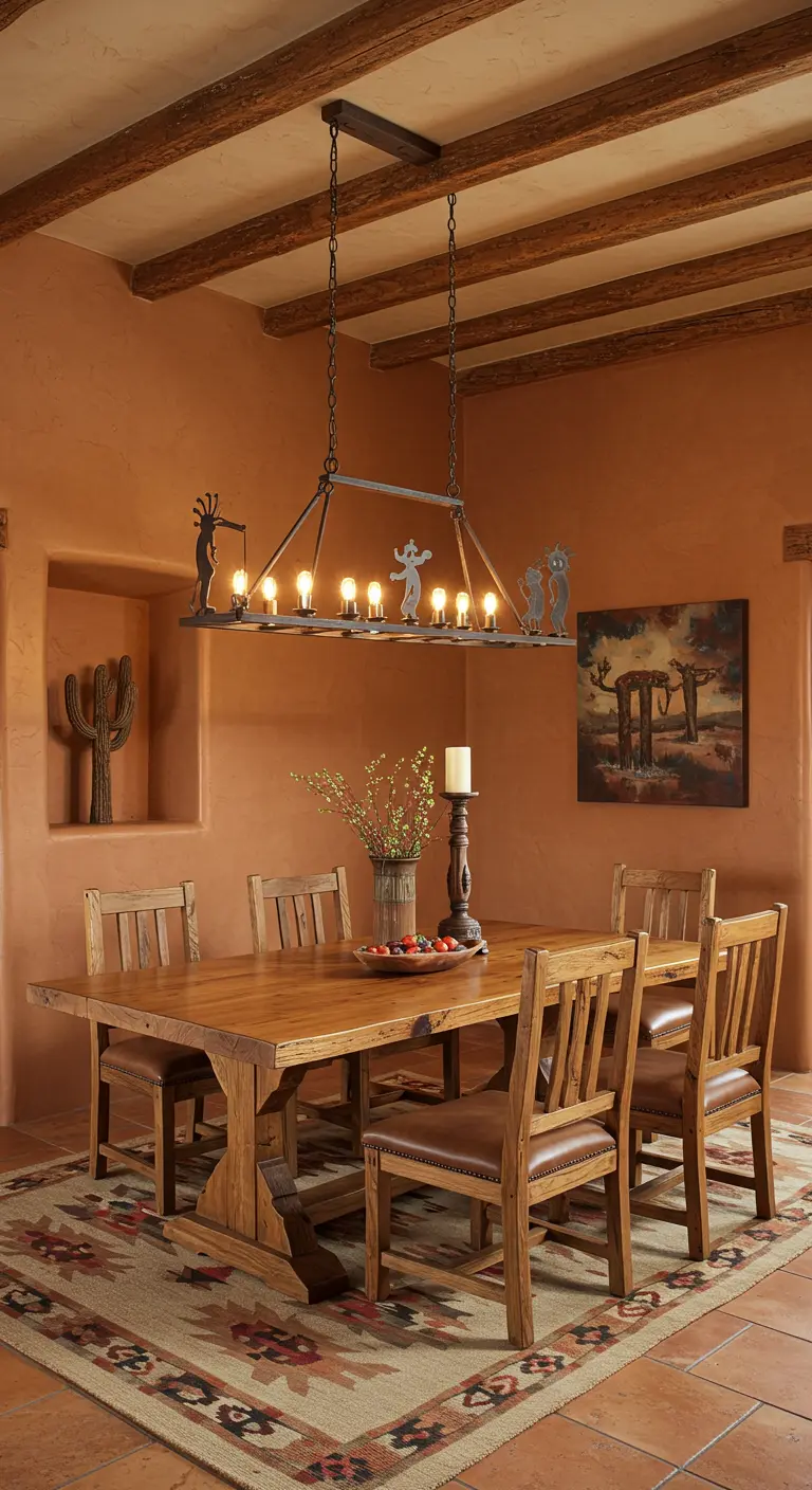 Comedor de estilo suroeste con paredes terracota, vigas de madera y lámpara de hierro temática